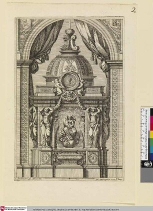 [Tabernakel mit der Muttergottes flankiert von Karyatiden; Tabernacle orné au centre d'un tableau avec la Vierge à l'Enfant sur des nuages]