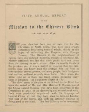 Fifth annual report of the Mission to the Chinese Blind for the year 1891