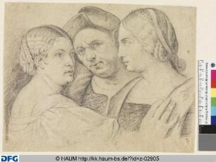 Brustbild eines älteren Mannes und zweier jungen Frauen
