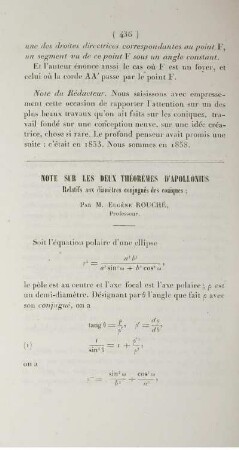 Note sur les deux théorèmes d'Apollonius.