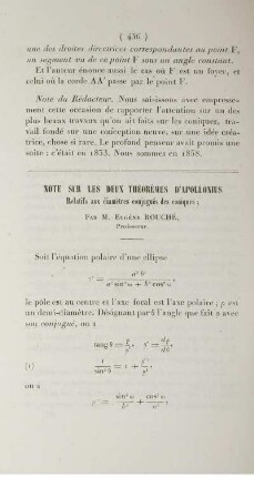 Note sur les deux théorèmes d'Apollonius.