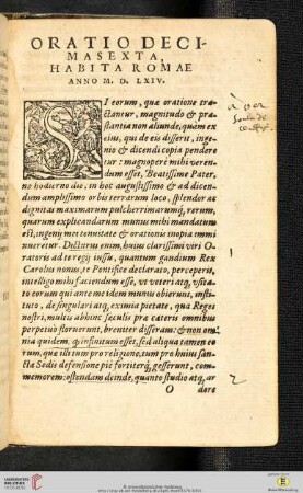 Oratio Decimasexta. Habita Romae. Anno M.D. LXIV.