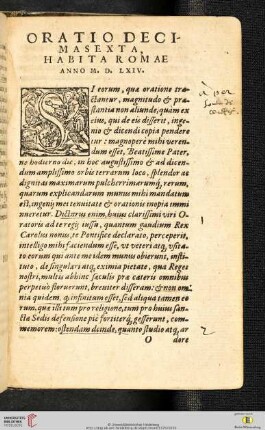 Oratio Decimasexta. Habita Romae. Anno M.D. LXIV.