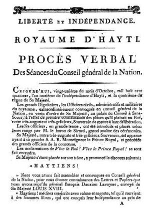 Royaume d'Hayti. Proces verbal des Séances du Conseil général de la Nation