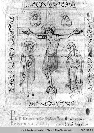 Orationes, praefatio et canon missae : Textseite mit Randleistenbordüre und fast ganzseitiger Miniatur: Kreuzigung mit Maria und Johannes
