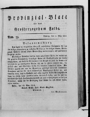 Num. 39., Ausgabe vom 21. Mai 1816