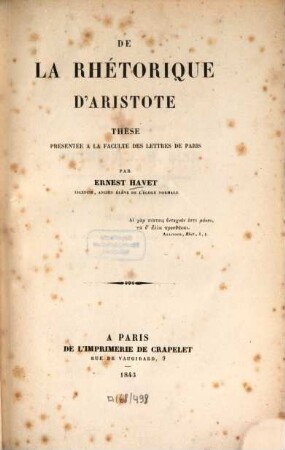 De la rhétorique d'Aristote : [Diss. Paris.] [Aristoteles]