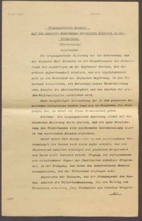 Uruguayanische Antwort auf das deutsche Memorandum bzgl. eines Eintritts in den Völkerbund