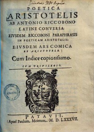Poetica Aristotelis : ejusdem Riccoboni paraphrasis in poeticam Aristotelis ...