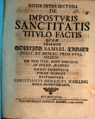 Dissertatio ... de imposturis sanctitatis titulo factis, Secunda