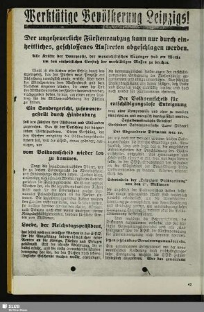 [Flugblatt der Bezirksleitung Westsachsen der KPD zum Volksentscheid über die Fürsteneignung, 1926]