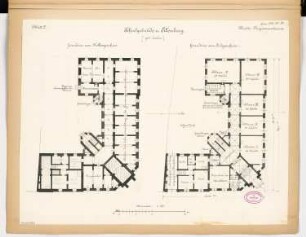 Knabenschule, Eilenburg Monatskonkurrenz Juni 1881: Grundriss Keller, Erdgeschoss 1:150; Maßstabsleiste