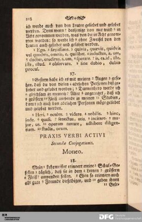 Praxis Verbi Activi Secundæ Conjugationis. Moneo.