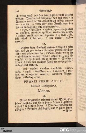 Praxis Verbi Activi Secundæ Conjugationis. Moneo.