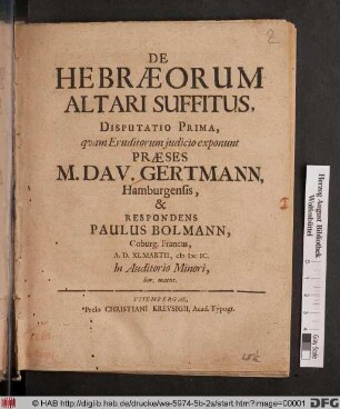 De Hebraeorum Altari Suffitus, Disputatio Prima