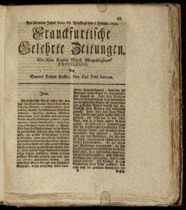 Num XI. Dienstags den 6. Februar. 1742 - Num. XX. Freytags den 9. Märtz. 1742