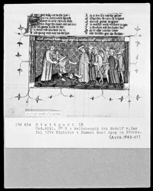 Weltchronik des Rudolf von Ems — Samuel haut Agag in Stücke, Folio 127verso