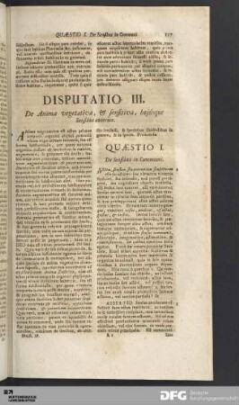 Disputatio III. De Anima vegetativa, & sensitiva, hujúsque sensibus externis.