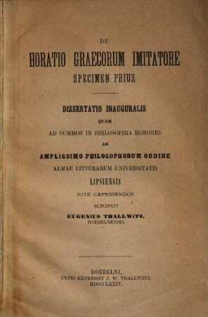De Horatio Graecorum imitatore specimen prius