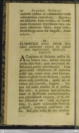XX. Clarissimo Viro Dom. Rogero Aschamo Anglo Et Amico Suo Observando Nicolaus Cisnerus