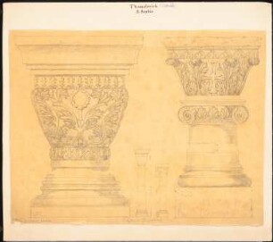 S. Sophia (Hagia Sophia), Thessaloniki: Ansicht Kapitelle, Basen und Profile zweier Säulen mit Maßangaben (nach Charles Texier und Richard P. Pullan, XXXIX.)