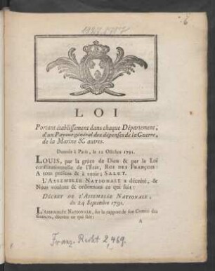 Loi portant établissement dans chaque Département, d'un Payeur général des dépenses de la Guerre, de la Marine & autres