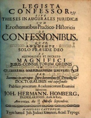 Legista confessor, s. theses inaug. iur ... de confessionibus