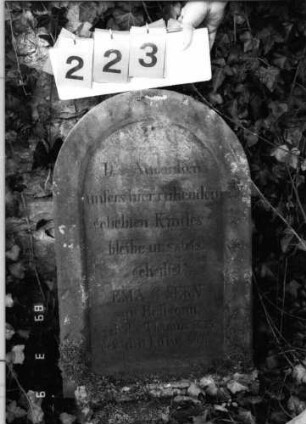 Grabstein 223 (Index: 100100358) Maße HxBxT: 75x44x10 cm Besonderheit: Kindergrab: Grabstein 223