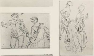Tanzendes Paar 1 und 2 : Menzel, Adolph von (1815-1905). Links: "Tanzendes Paar": Dame in Vorderansicht, Herr in Rückenansicht, rechts: "Tanzendes Paar": Dame in Rückenansicht, Herr in Vorderansicht. Kohlezeichnungen. Kat.-Nr. 1465 und 1466