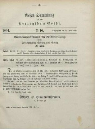 10. Ministerialbekanntmachung, betreffend die Ausführung des Gesetzes über Markenschutz vom 30. November 1874 (Reichsgesetzblatt S. 143), vom 21. Juni 1894