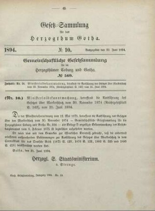 10. Ministerialbekanntmachung, betreffend die Ausführung des Gesetzes über Markenschutz vom 30. November 1874 (Reichsgesetzblatt S. 143), vom 21. Juni 1894