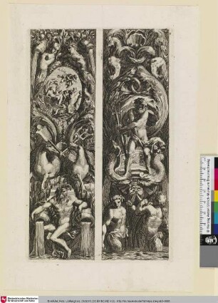 [Zwei Prospekte, rechts ein stehender Neptun; Sur le projet de gauche, Neptune debout sur une nacelle tirée par des tritons]