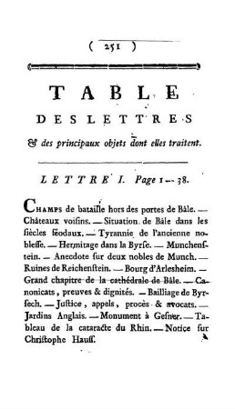 Table des lettres & des principaux objets dont elles traitent.
