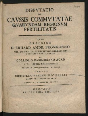 Disputatio De Caussis Commutatae Quarundam Regionum Fertilitatis