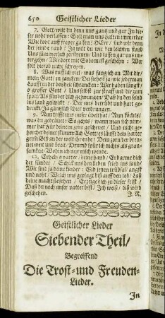 Geistlicher Lieder Siebender Theil/ Begreiffend Die Trost- und Freuden-Lieder.