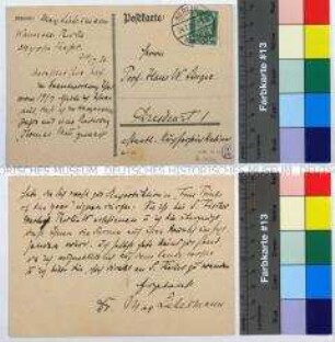 Eigenhändige Postkarte von Max Liebermann an Hans W. Singer in Dresden, teilt ihm mit, dass er 1925 ein Porträt von Thomas Mann angefertigt hat; Berlin, 24. Juli 1926