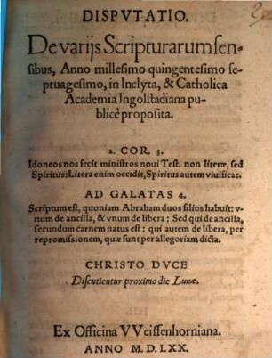 Dispvtatio De varijs Scripturarum sensibus