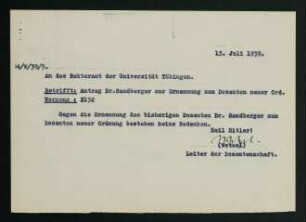 Antrag Dr. Sandberger zur Ernennung zum Dozenten neuer Ord. (15.07.1939)