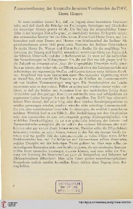 11: Zusammenfassung der Ansprache des ersten Vorsitzenden des DAV, Herrn Hansen