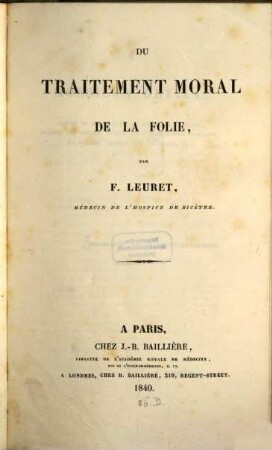 Du traitement moral de la folie