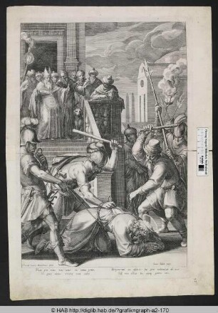 Der gefesstelte und am Boden liegende Christus wird mit Knüppeln geschlagen.