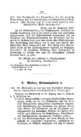 Die Behandlung der aus den Deutschen Schutzgebieten eingehenden wissenschaftlichen Sendungen : [D. Museen, Nationalgalerie etc.]