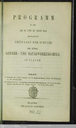 1852/53(1853): Programm zu den am ... erfolgenden Prüfungen der Schüler der Königl. Gewerb- und Baugewerkenschule in Plauen