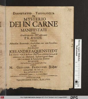 Disputatio Theologica De Mysterio Dei In Carne Manifestati
