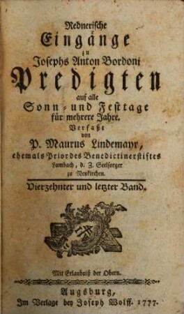 Rednerische Eingänge zu Josephs Anton Bordoni Predigten auf alle Sonn- und Festtage für mehrere Jahre