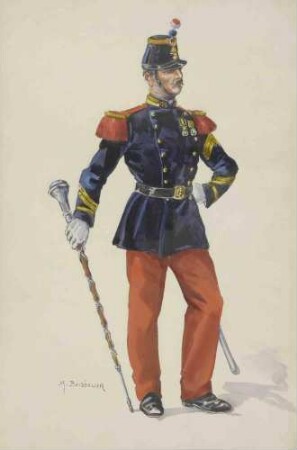 Tambourmajor des franz. 158. Infanterie-Regiments in Uniform, Mütze, Orden und Tambourstab, stehend, in Halbprofil