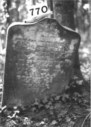 Grabstein 770 (Index: 99900355) Material: Sandstein Zustand: stark verwittert Maße HxBxT: 78x60x11 cm Beschreibung: Stele mit Schulterbogenabschluss, von der Spitze herabhängede Blüte Symbolik: Blüte: Grabstein 770