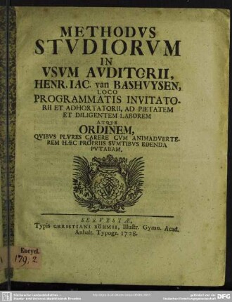 Methodus Studiorum In Usum Auditorii