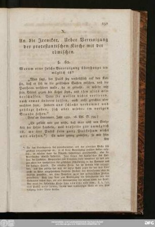 X. An die Ireniker. Ueber Vereinigung der protestantischen Kirche mit der römischen.