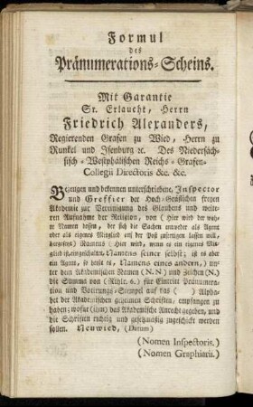 Formul des Pränumerations-Scheins.